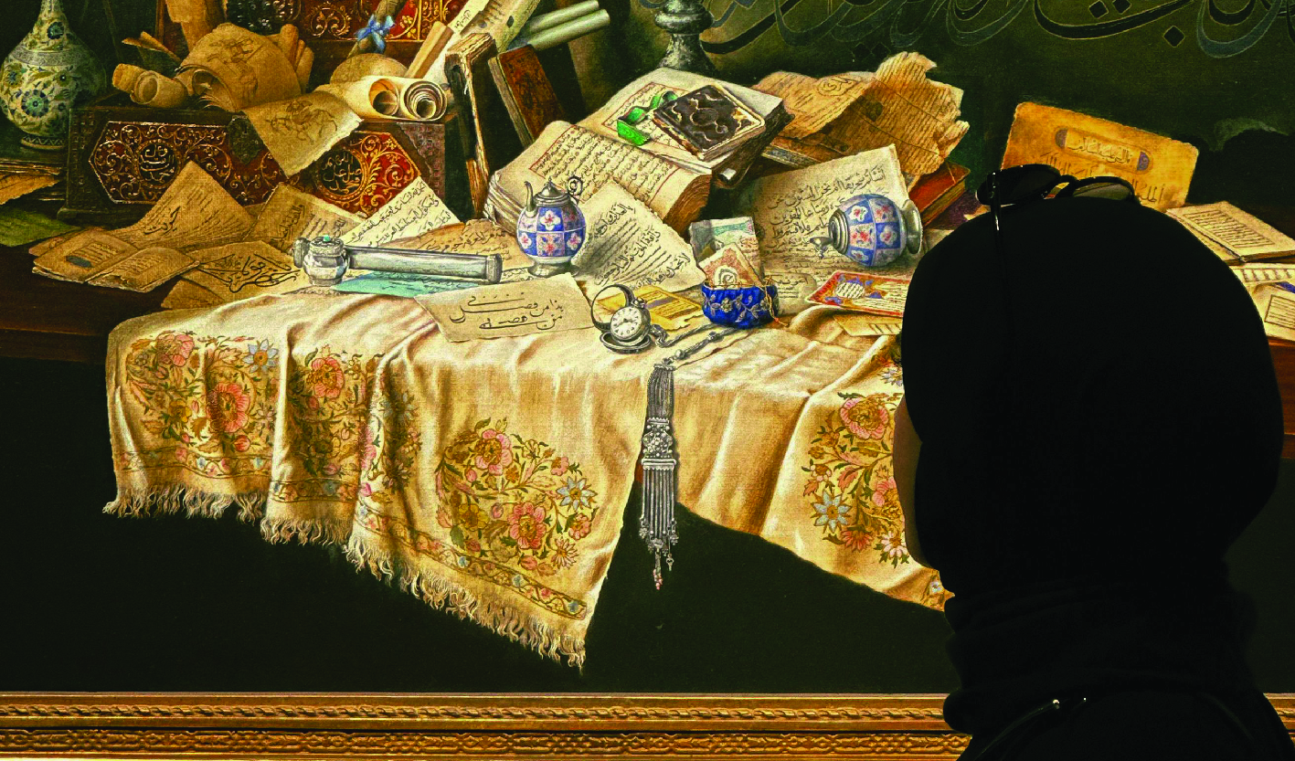 Woman in Hijab Standing by Painting in Art Museum